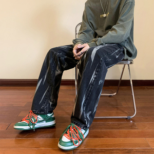 美式潮牌ins高街宽松直筒水洗牛仔裤男阔腿拖地扎染长裤 K202-P50图片