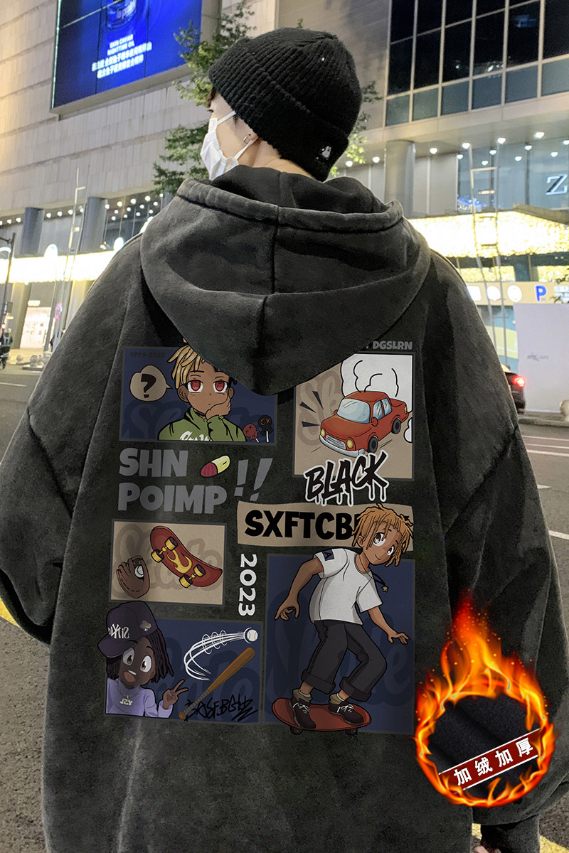 欧美式高街做旧水洗复古印花潮流连帽卫衣外套W556常规P65加绒P75,男装卫衣,电商A486