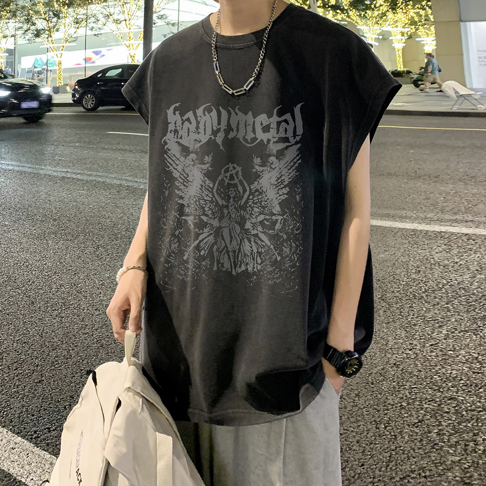 2023夏装新款 美式暗黑水洗做旧潮牌无袖t恤背心 BX661-P35图片
