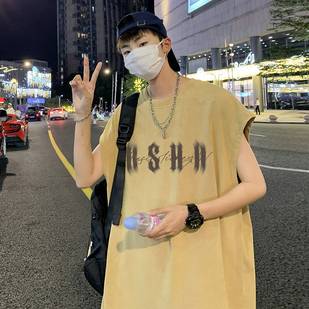 抖音品质数据超好美式暗黑水洗做旧潮牌无袖t恤背心BX670-P35,男装T恤,电商A486