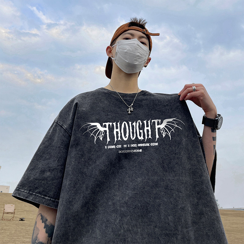 美式复古男士短袖t恤2024新款潮牌潮流320g重磅水洗做旧半袖体恤,男装T恤,电商A486