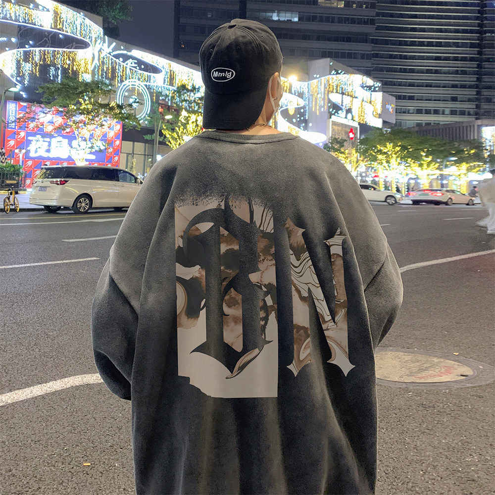 重磅华棉 美式做旧水洗复古印花潮流圆领卫衣外套 W518-P60图片