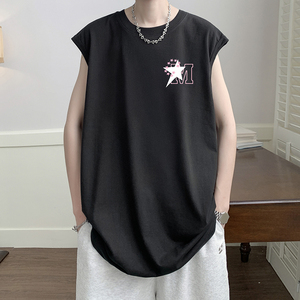 直播品质重磅纯棉220克美式印花宽松背心男女无袖t恤潮BX199P25