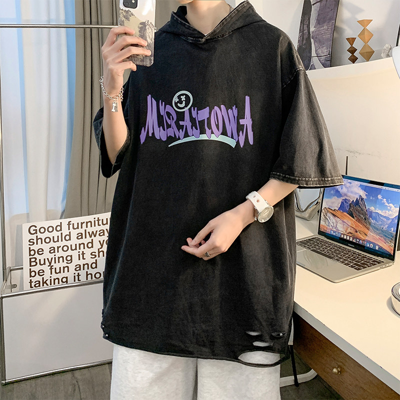 数据超好重磅抖音品质美式复古蜡染水洗连帽宽松短袖t恤T896P45,男装T恤,电商A486