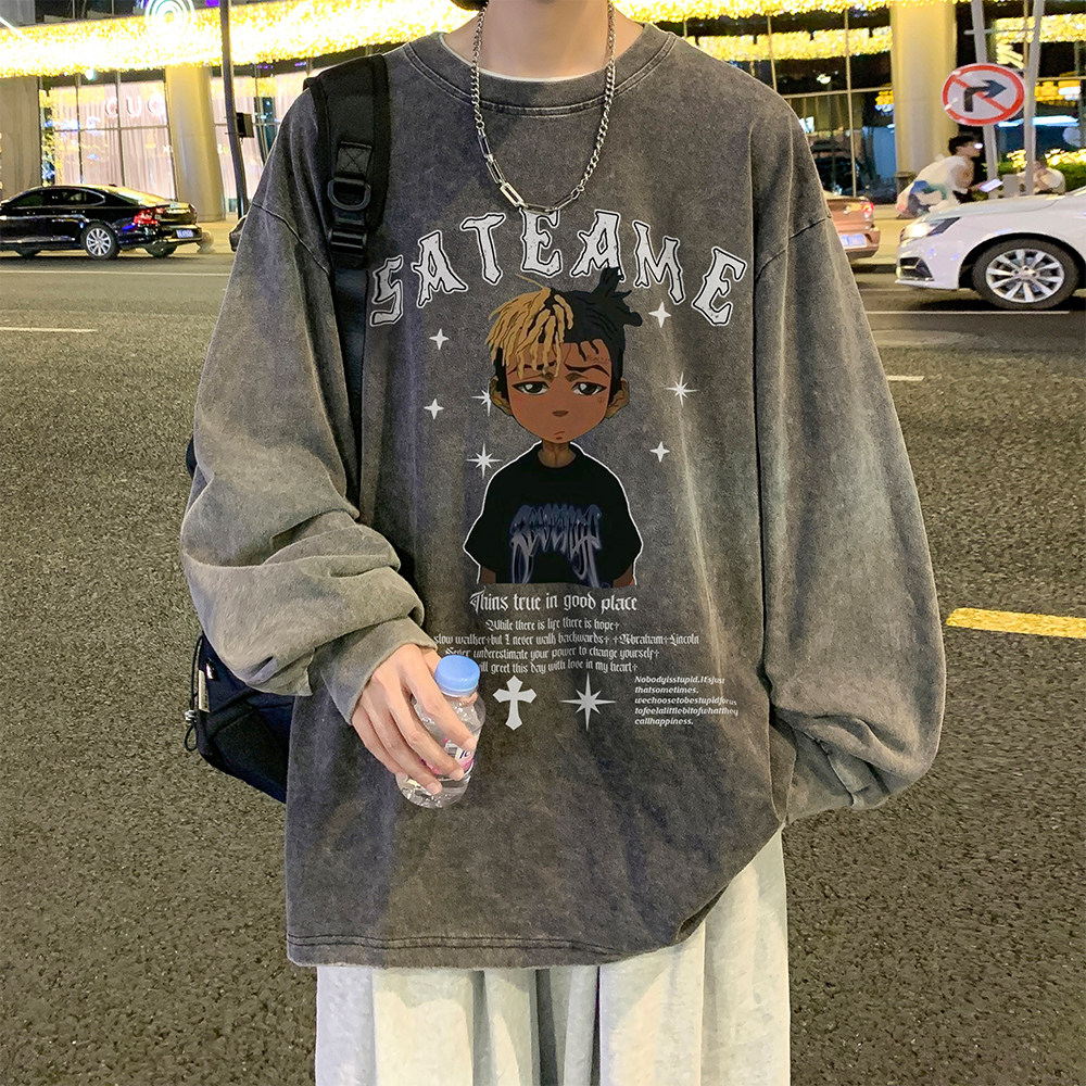 抖音品质数据超好美式水洗做旧潮牌宽松长袖t恤CT212-P45控58,男装T恤,电商A486