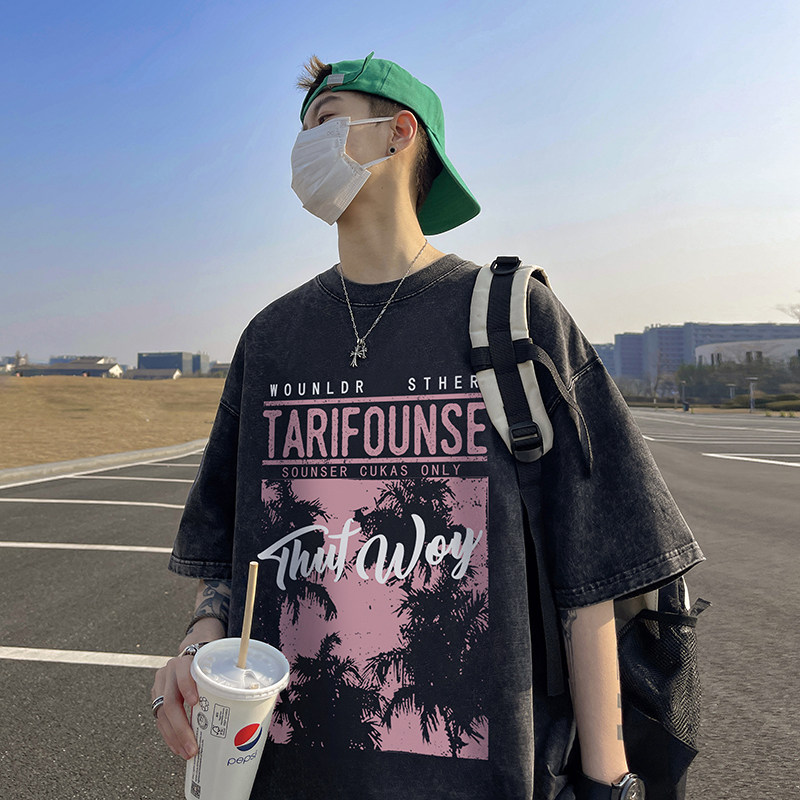 重磅水洗纯棉直播有280克美式潮牌卡通印花宽松短袖t恤T727-P35,男装T恤,电商A486