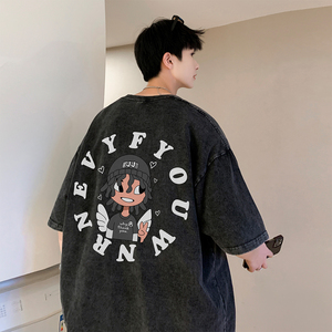 重磅纯棉 抖音品质 美式卡通蜡染水洗做旧潮牌宽松短袖t恤D129P35图片