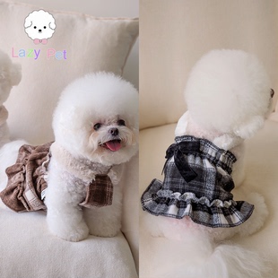 「Lazy Pet」韩国代购宠物猫狗秋冬蝴蝶结格纹荷叶边毛呢背带裙