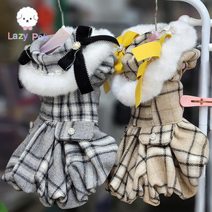 「Lazy 蝴蝶结格纹羊毛呢裙摆大衣 Pet」韩国disongbeni宠物冬季