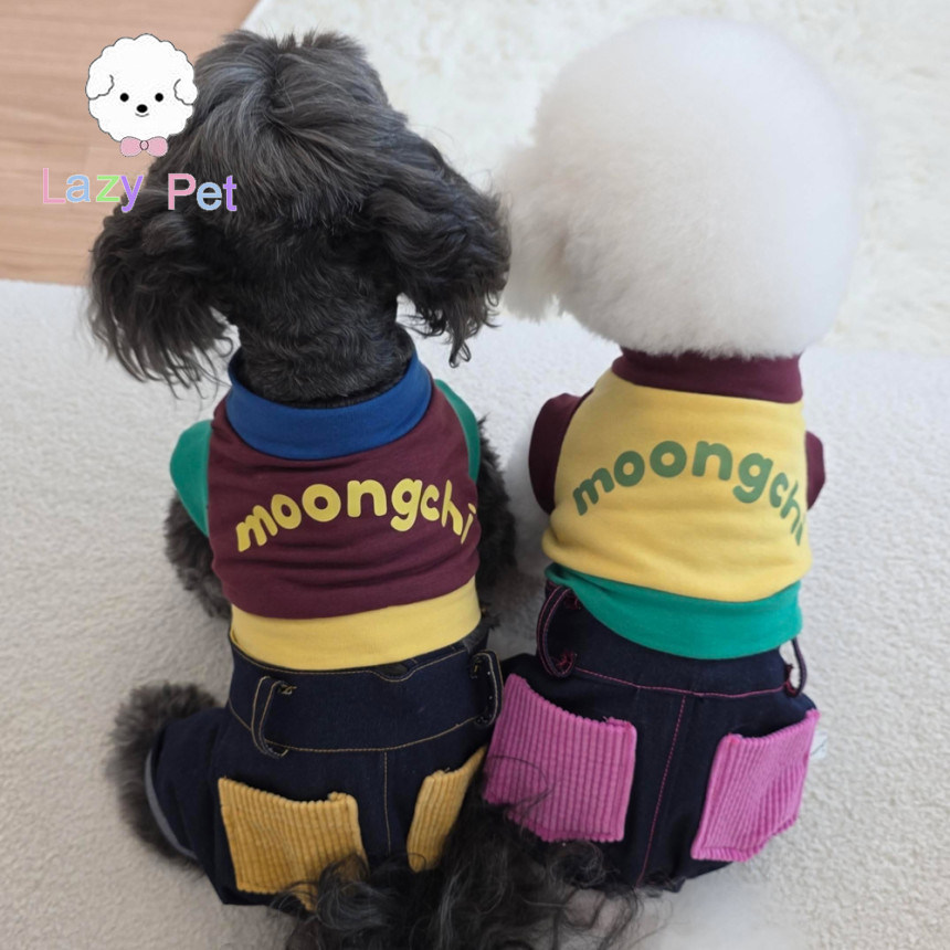 「Lazy Pet」韩国代购moongchi宠物冬季拉绒撞色卫衣牛仔背带裤