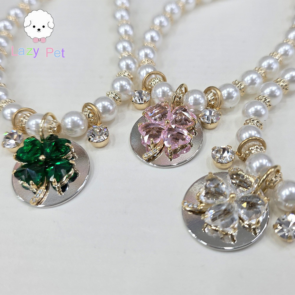 「Lazy Pet」韩国代购fashiondog宠物猫狗四叶草仿珍珠水晶项链