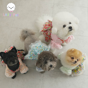 「Lazy 宠物手工亚麻棉条纹T恤花朵蕾丝边背带裙 Pet」韩国代购