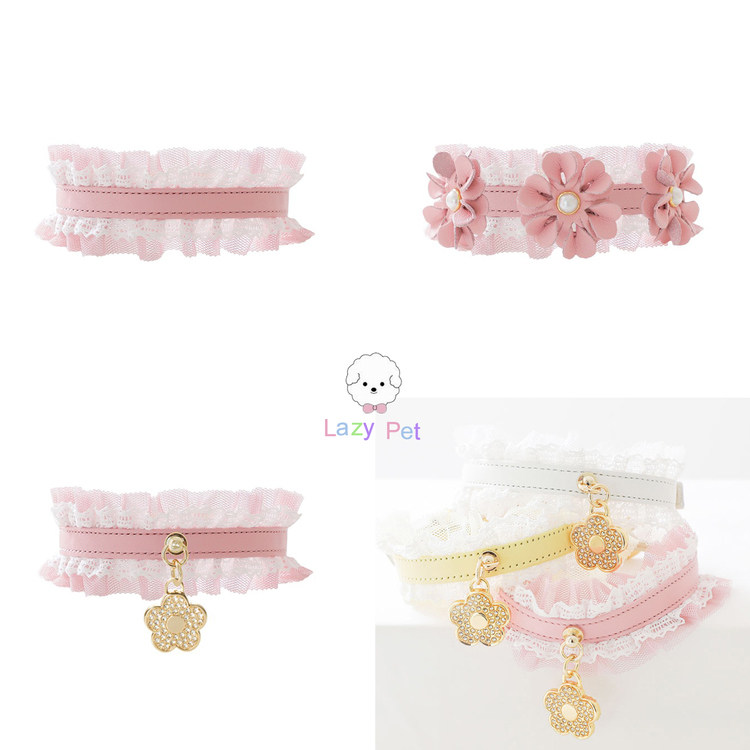 「Lazy Pet」韩国代购宠物姓名定制精致蕾丝珍珠花朵吊坠皮革项圈
