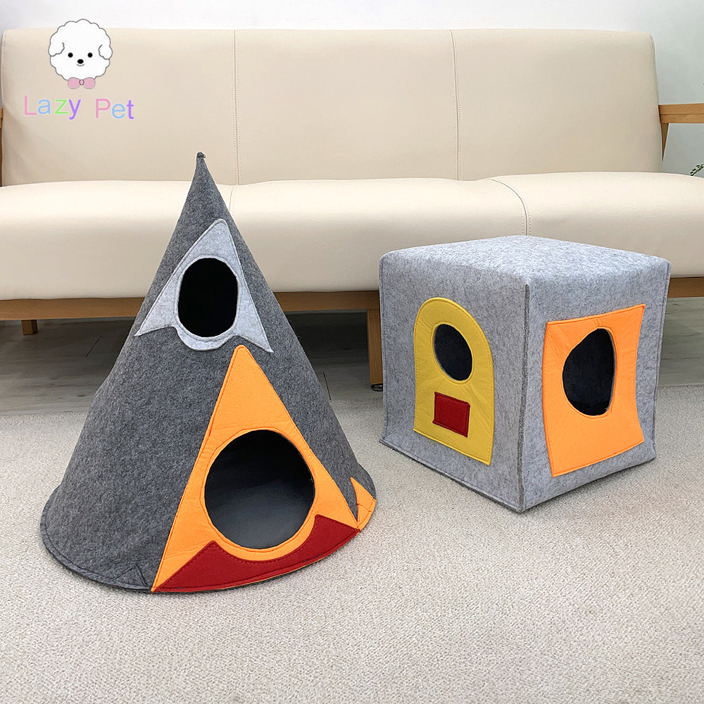 「Lazy Pet」韩国代购宠物彩片拼接毛毡多窗口圆锥帐篷方形小屋