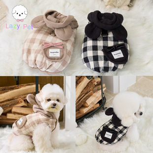 「Lazy 摇粒绒格纹灯芯绒耳朵连帽夹克 Pet」韩国hapoohe宠物冬季