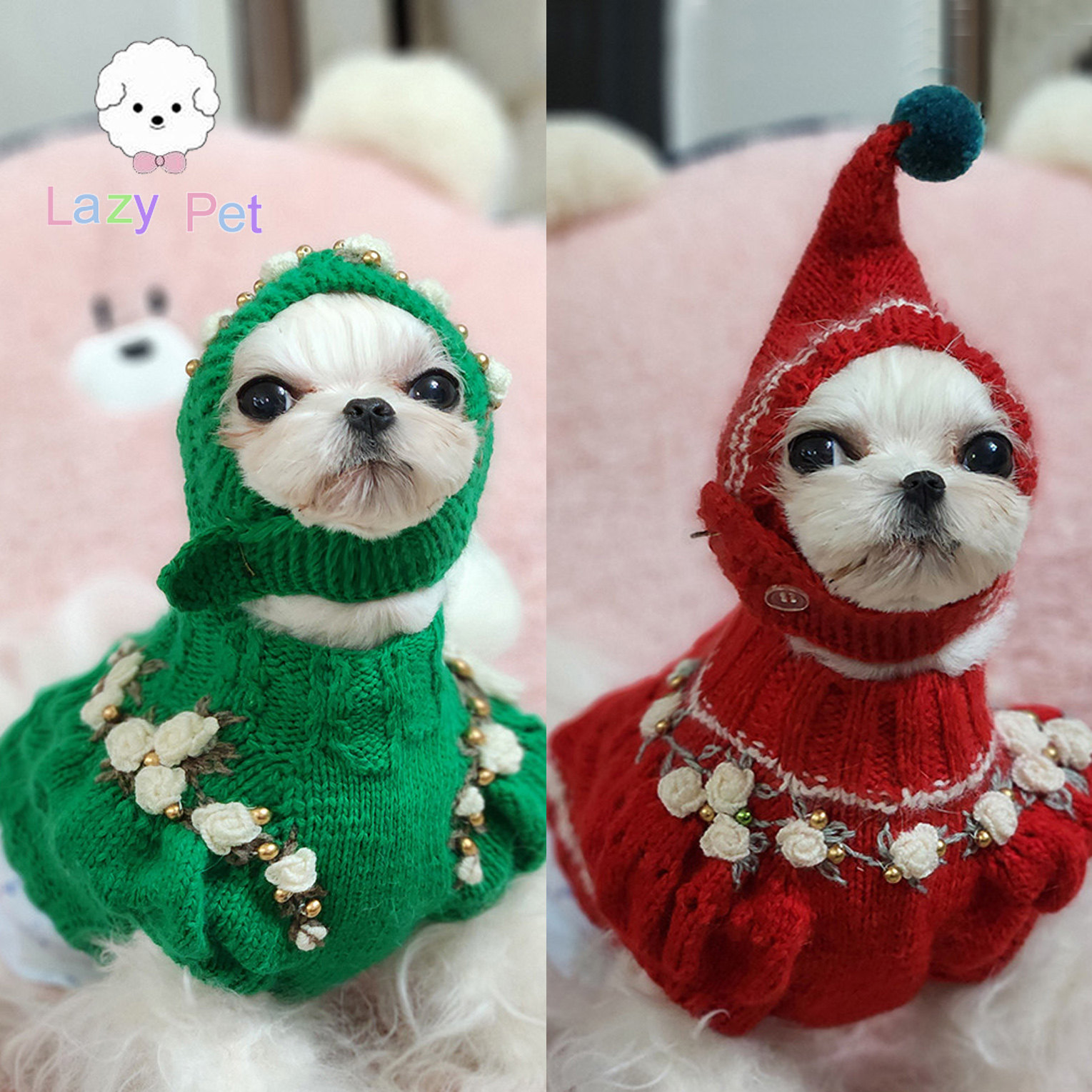 「Lazy Pet」韩国disongbeni宠物手工泡泡袖红绿麻花羊毛衣/帽子