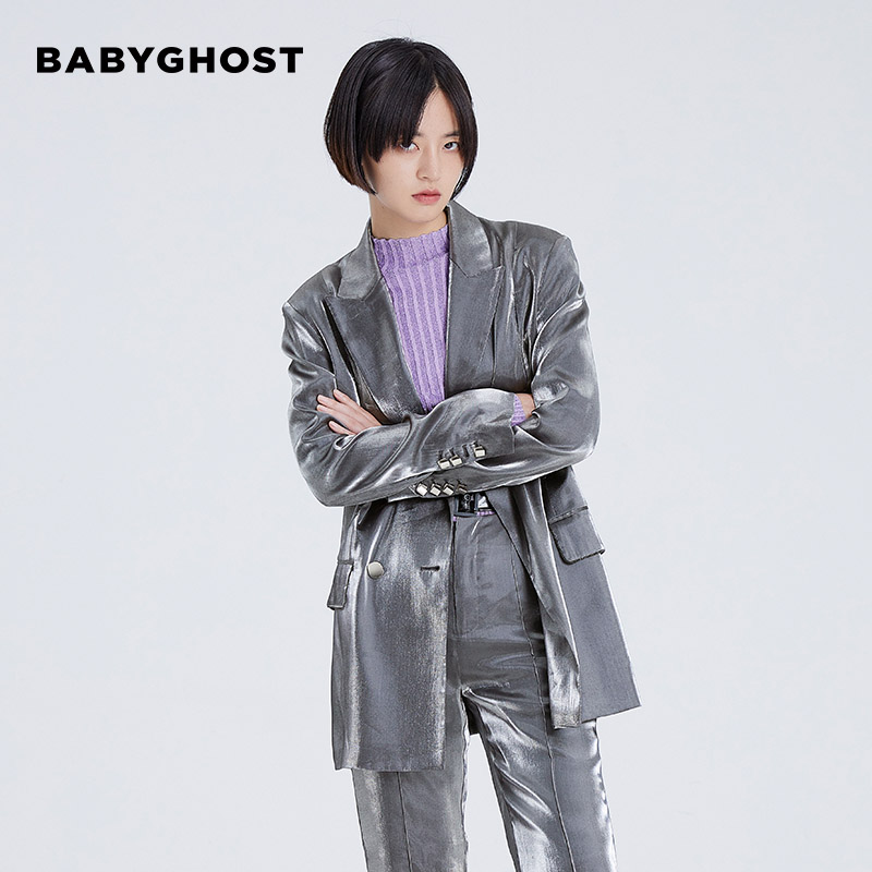 【时装周同款】BABYGHOST春中长款银色亮面西装外衣外套黄龄同款 女装/女士精品 西装 原图主图