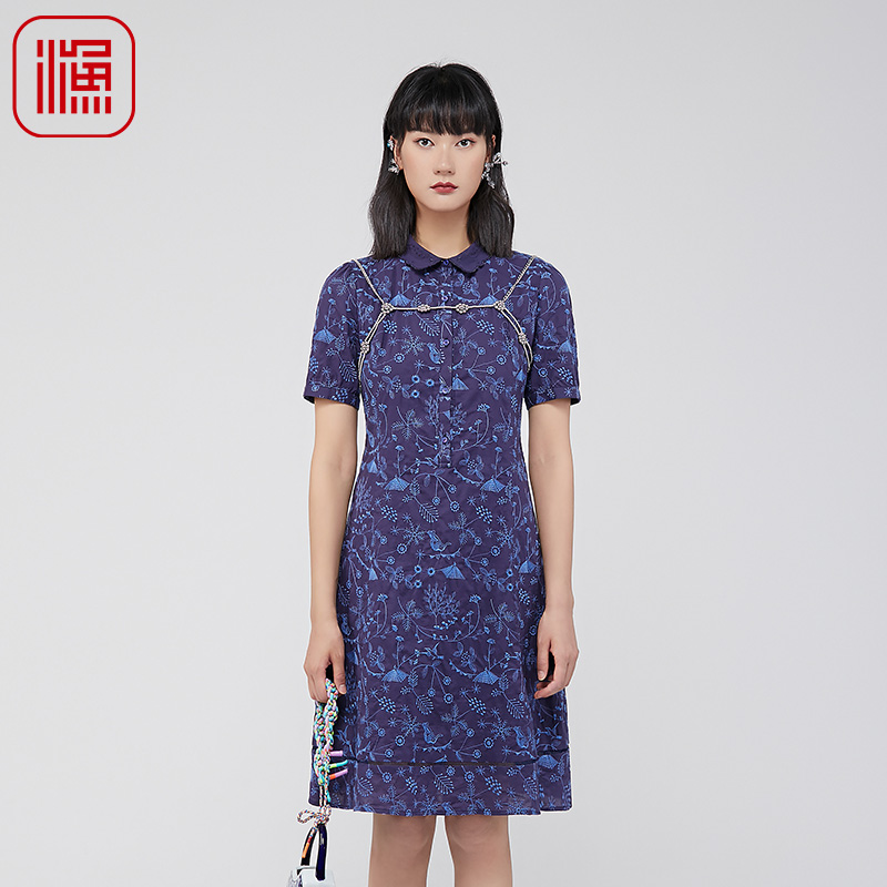 渔牌女装裙子夏季女2024新款满身绣花纯棉修身长款连衣裙FGGB0038