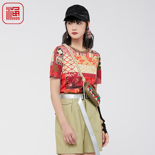 FISHING女装短袖t恤女2024新款棉撞色印花休闲上衣FGGA2027
