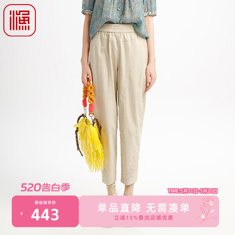 渔女装裤子女2025新款薄款春夏纯棉微弹力松紧腰休闲长裤FGHB6210