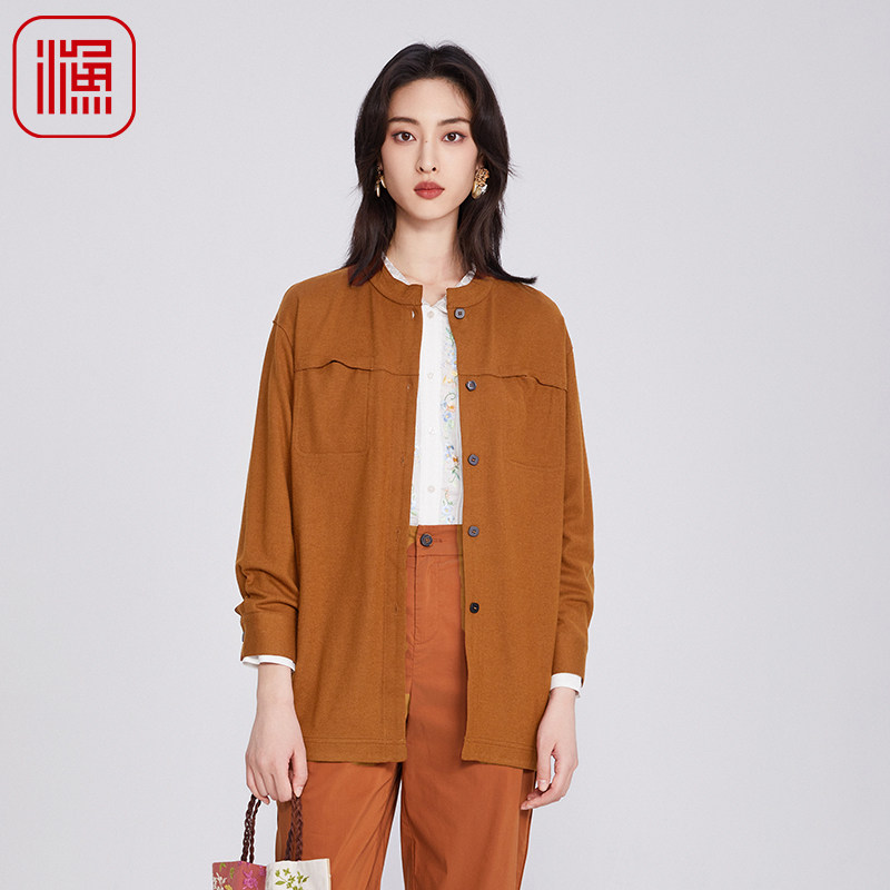 渔牌女装毛呢外套女2025新款针织羊毛简约宽松绣花长外套FGHA3202