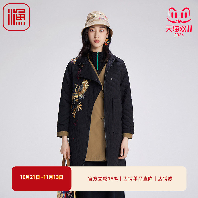 渔牌女装棉服女2024年新款冬季中式古典绣花长款棉衣外套FGGD4043