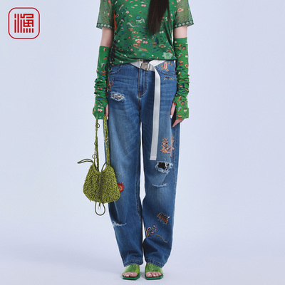 渔牌复古刺绣破洞阔腿牛仔裤
