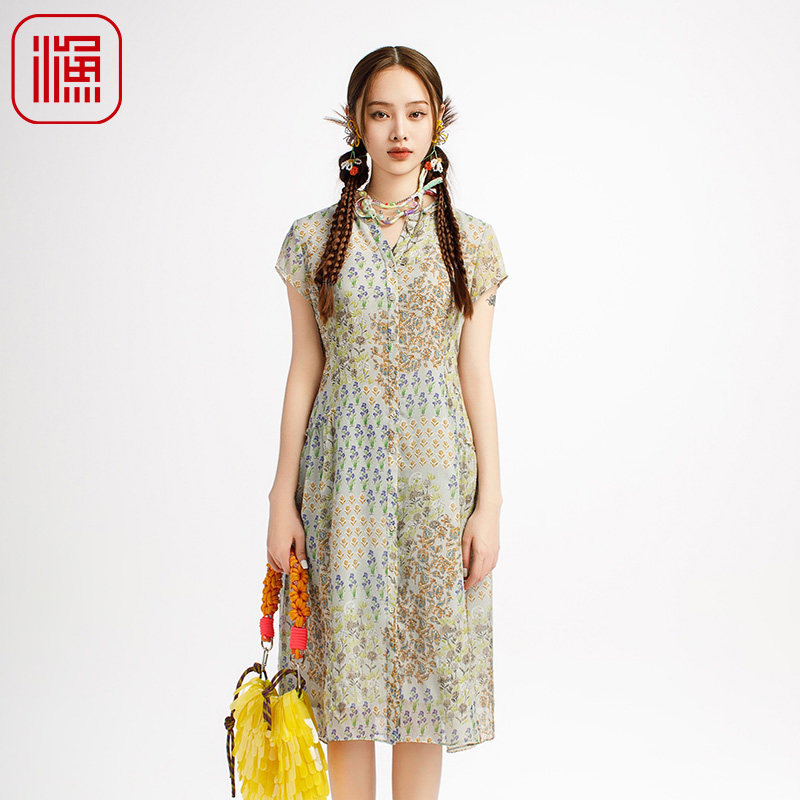 渔牌女装2025夏季新款印花真丝桑蚕丝碎花连衣裙气质V领百搭女裙