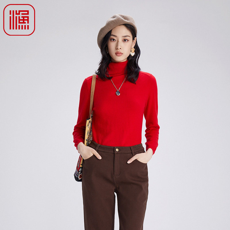 渔牌女装上衣女春秋季2024新款高领绣花羊绒打底针织毛衫FGGD1032