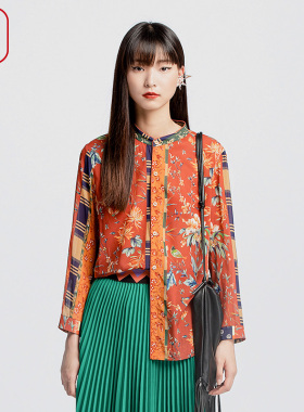 渔服饰衬衫2024新款女初秋桑蚕丝真丝混纺拼接碎印花上衣FGGC2236