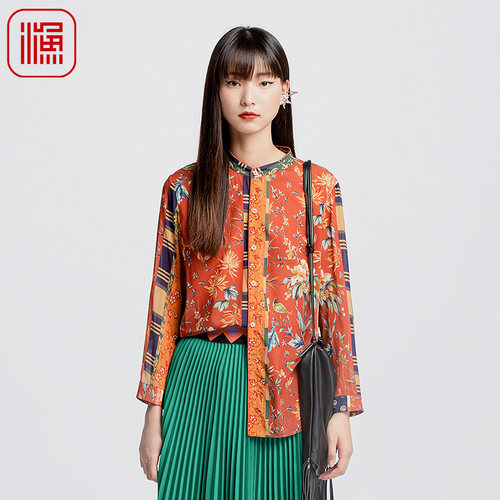 渔服饰衬衫2024新款女初秋桑蚕丝混纺拼接碎印花上衣FGGC2236