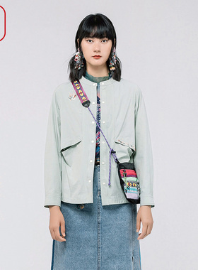 渔牌女装2024春季新款圆领休闲风衣料弹力短款外套女上衣FGGA3003