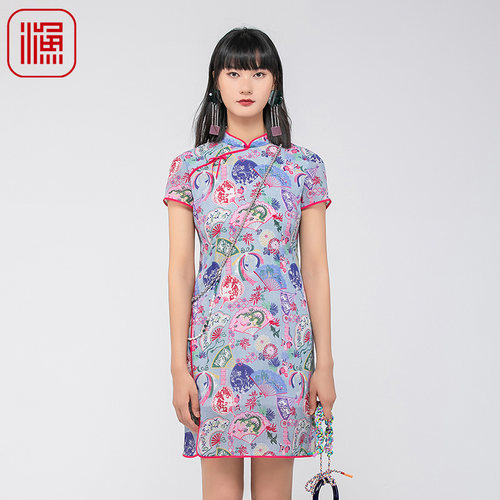 渔牌女装连衣裙女夏季2024新款真丝弹力古典优雅改良旗袍FGGB0068