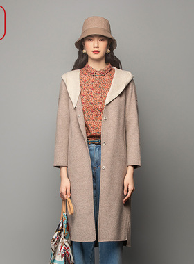 渔牌女装大衣女款2023新款大翻领羊毛双面呢连帽休闲外套FGFC3209