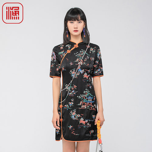 渔服饰裙子夏季女2024新款真丝重工刺绣花古典旗袍连衣裙FGGB0031