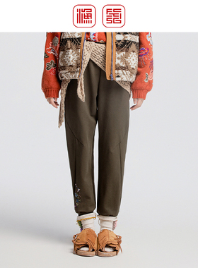 渔牌女装裤子女2024新款秋冬弹力腰简约绣花束脚休闲长裤FGGD6235