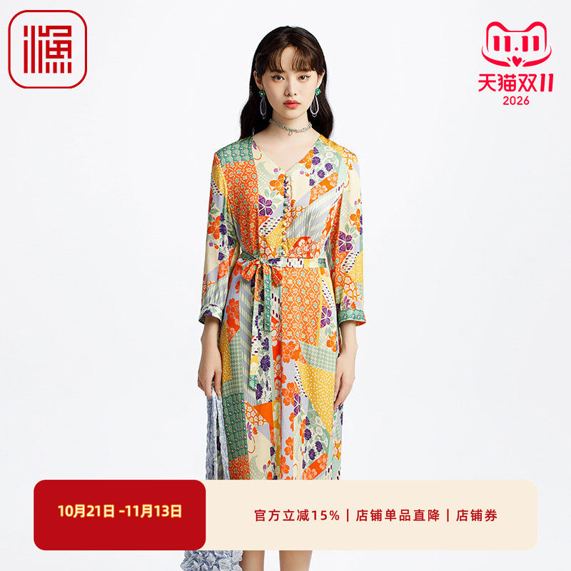 渔牌女装连衣裙2025新款春夏薄款弹力V领印花裙子FGHA0059