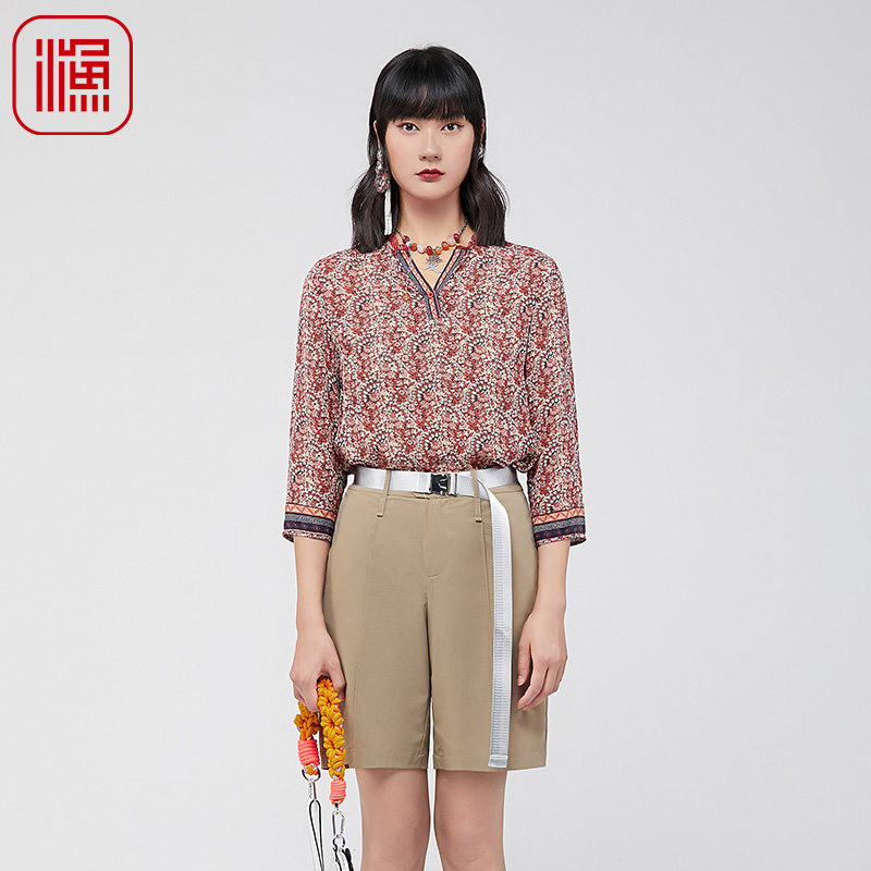 渔牌衬衫新款女装春夏真丝撞色拼接碎印花中袖休闲通勤桑蚕丝上衣