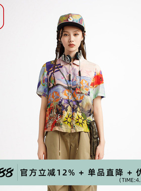 渔牌女装女士2025新款衬衫个性印花新中式潮流休闲上衣服FGHB2260