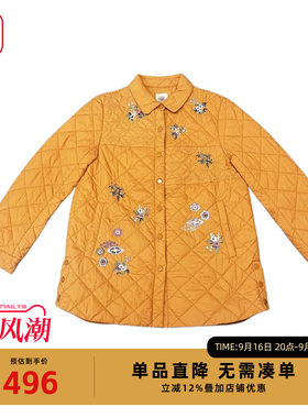 渔牌秋冬薄棉服菱格刺绣中长款