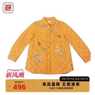 渔牌女装秋冬翻领薄棉服 菱格绗缝花卉刺绣宽松中长款夹棉外套
