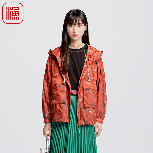 渔牌女装外套女款2024新款连帽印花风衣外套休闲复古上衣FGGC3060
