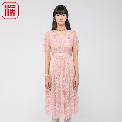 渔牌夏季修身蕾丝绣花连衣裙