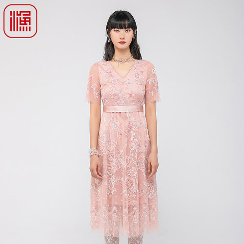 渔牌夏季修身蕾丝绣花连衣裙