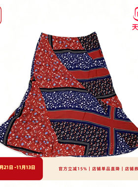 渔牌红蓝撞色碎花A字半身长裙