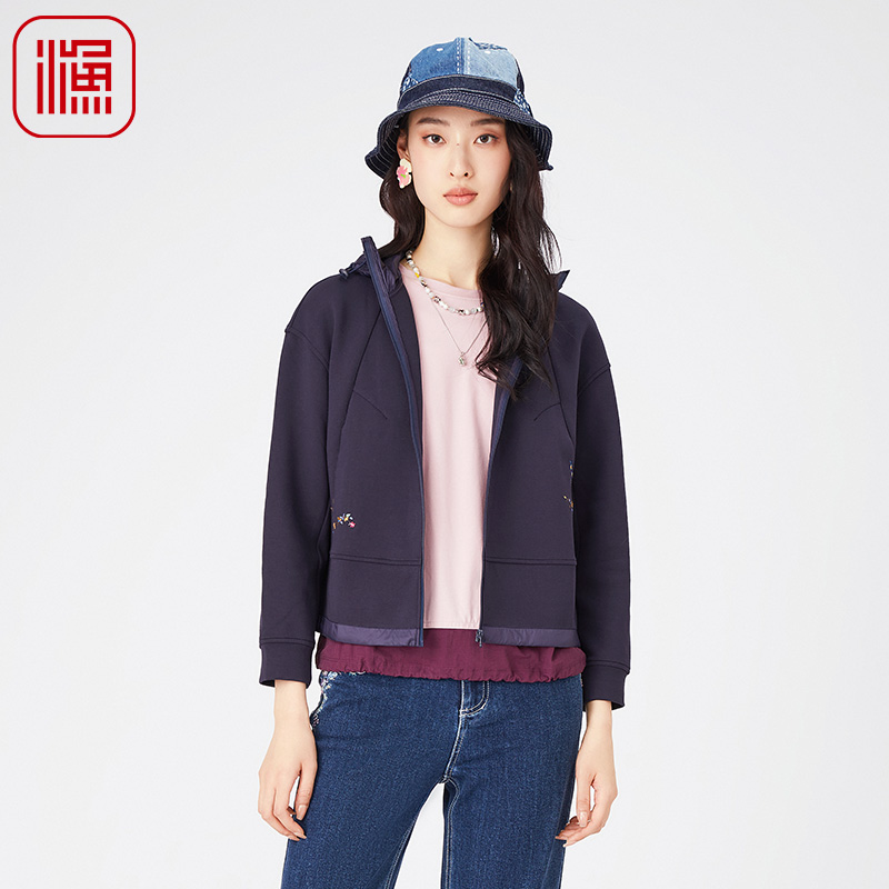 宽松休闲绣花卫衣弹力开衫短外套