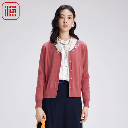 渔牌女装2024秋冬新款毛衣针织简约绣花V领短款开衫羊毛FGGC3603