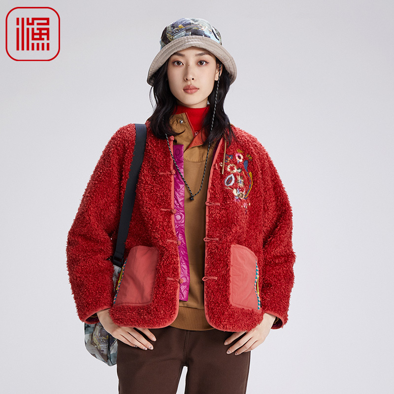 渔服饰2024早秋外套新中式国风绣花盘扣羊卷毛短款女外套FGGC3063