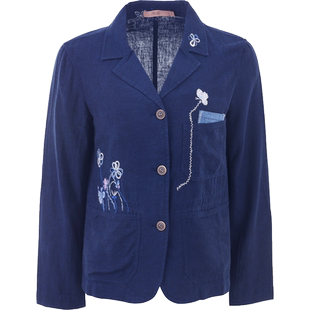 渔牌新中式女装2024春款棉麻刺绣花休闲西装时尚短款外套FGGA3010