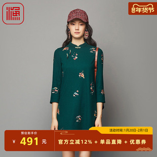 渔服饰裙子女秋冬季2023新款针织毛呢绣花改良旗袍连衣裙FGFD0040